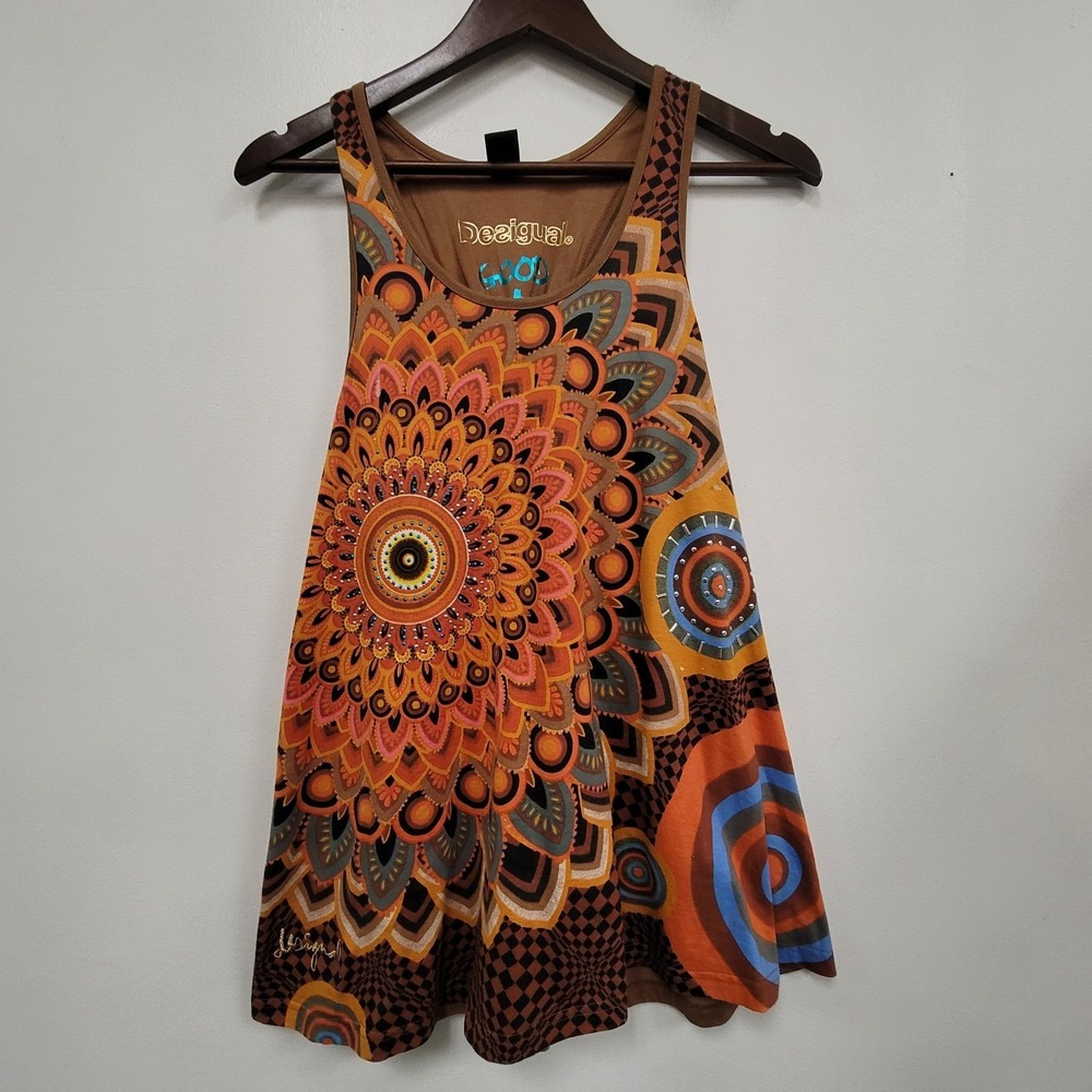 Desigual Womens Boho Tie Back Sleeveless Festival Top Size L Scoop Neck Colorful